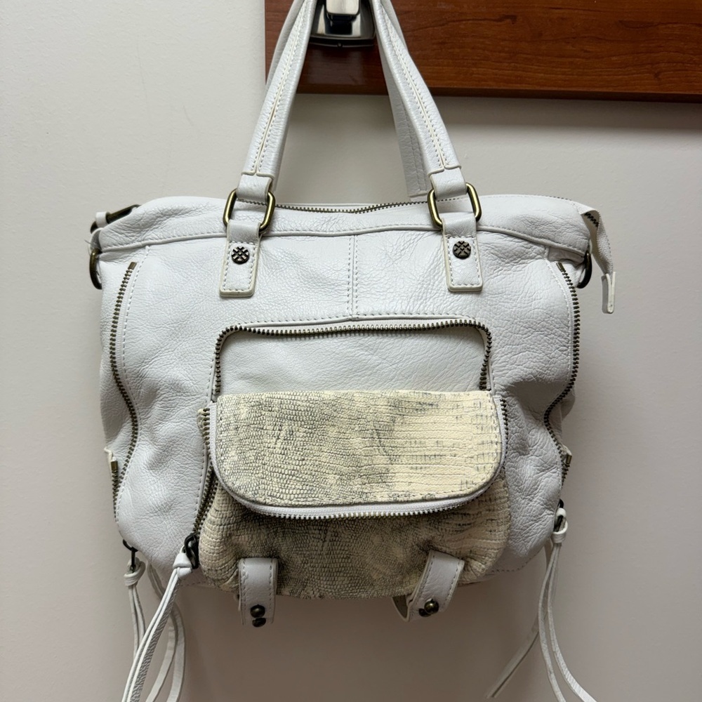 JOELLE HAWKENS WHITE SNAKE  LEATHER SHOULDER BAG - 34 INCH  CROSSBODY STRAP